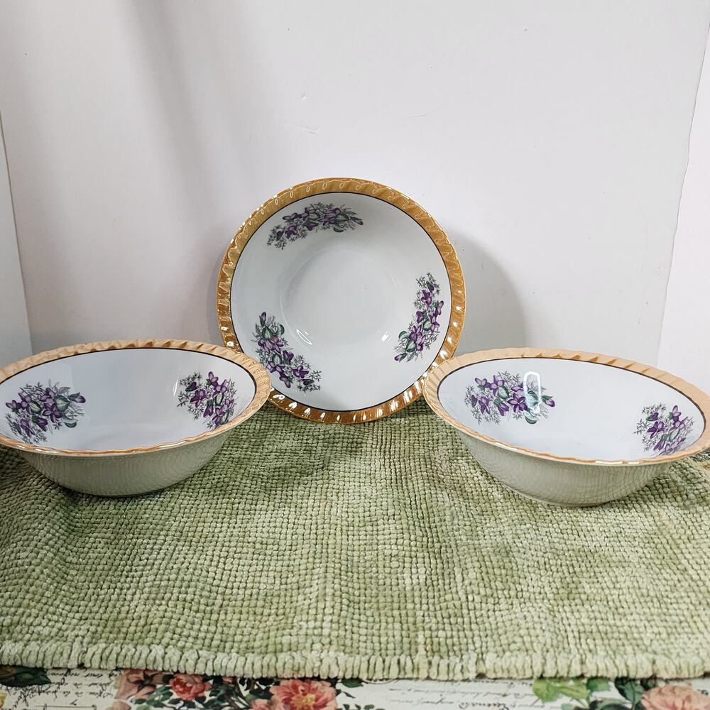 Set of 3 Yamatsu Japan Orange Rim Bowls Purple Floral 7" Vintage Porcelain mcm